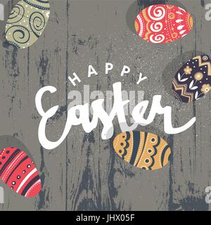 Ostereier auf Holzbrett.  Glückliches Ostern Grußkarte. Kalligraphie-Text, Vektor Stock Vektor