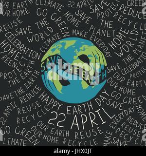 Earth Day Poster. Hand geformt sieht aus wie die Erde. Typografische Ökologie Thema Konzept Abbildung. Text auf der ganzen Welt. Stock Vektor