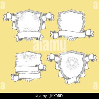 Wappenschild mit verschiedenen dekorativen Bändern auf einem weißen Hintergrund. Vintage-Elemente dekorative Reihe. Mantel von Waffen, Heraldik, Wappen, Symbol. Hand-d Stock Vektor