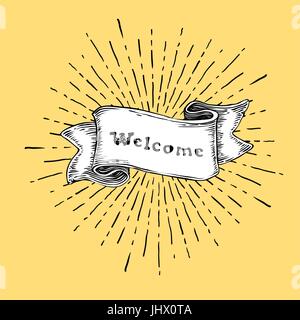 Willkommens-Schild. Vintage Schild mit "Willkommen" Wort auf Band. Retro-Stil-Abbildung auf gelbem Hintergrund Stock Vektor