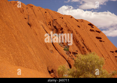 Uluru, (Ayers Rock), schließen Sie die Aussicht auf die verschiedenen Bereiche rund um Uluru, Steingarten, Wasserstellen, Pfade, Felsen, Höhlen, Wasserfall Wanderwege, Vegetation ich Stockfoto