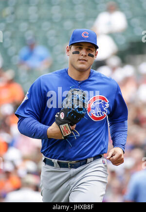 Baltimore, MD, USA. 16. Juli 2017. Chicago Cubs First Baseman #44 Anthony Rizzo während ein Hauptliga-Baseball-Spiel zwischen den Baltimore Orioles und die Chicago Cubs at Camden Yards in Baltimore, Maryland. Justin Cooper/CSM/Alamy Live-Nachrichten Stockfoto