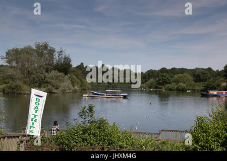 Mit der Fähre Wiesen Landschaftspark, Peterborough, UK. 17. Juli 2017. UK Wetter: Sonnige Hitzeperioden fördert lokale Touristen gerne Bootsfahrten auf Nene Park, Peterborough. Bildnachweis: WansfordPhoto/Alamy Live-Nachrichten Stockfoto