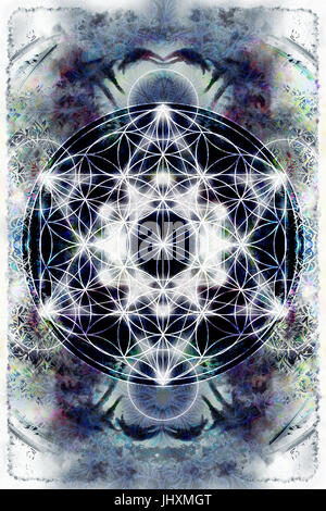 Leichte Merkaba und Blume des Lebens auf abstrakte Farbe Hintergrund. Heilige Geometrie. Stockfoto