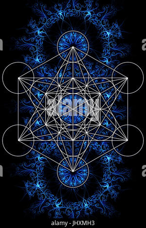 Merkaba und Mandala auf Ablack Hintergrund. Heilige Geometrie. Stockfoto