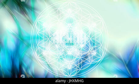 Leichte Merkaba und Blume des Lebens auf abstrakte Farbe Hintergrund und fraktale Struktur. Heilige Geometrie. Stockfoto