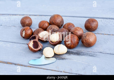 Macadamia ist eine australische Nuss, ein Kindal. Auf einem hölzernen Fob ist eine grau-blaue Farbe. Stockfoto