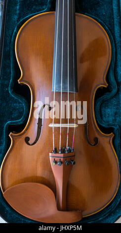 Nahaufnahme des Musikinstruments. Klassische Geige in Samttasche mit f-Löchern, Saiten und Kinnauflage Stockfoto