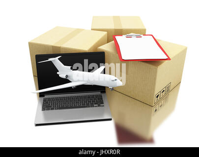 3D Renderer Bild. Karton-Boxen mit Laptop, Flugzeug und Checkliste. E-Commerce, Online-Einkaufs- und Lieferservice Konzept. Isolierten weißen Hintergrund Stockfoto