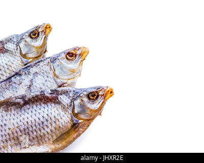 Drei gesalzene getrocknete Fische, Isolated on White Stockfoto