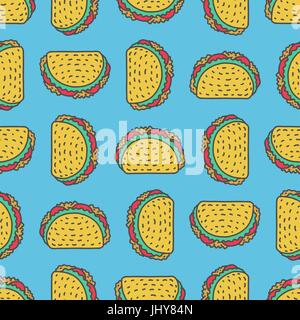 Taco Zeichnung Hintergrund. Mexikanische Fast-Food-Muster. Speisen aus Mexiko Ornament. Tacos Textur Stock Vektor