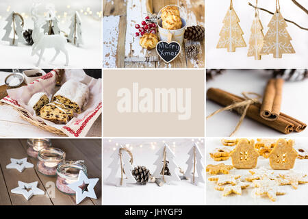 Foto-Collage, weiße Weihnachtsschmuck, Backen, Cookies, Stollen, Glas-Kerzenhalter, Zimt, Holz Tannen, Rentier, leere Aufkleber, Exemplar, Stockfoto
