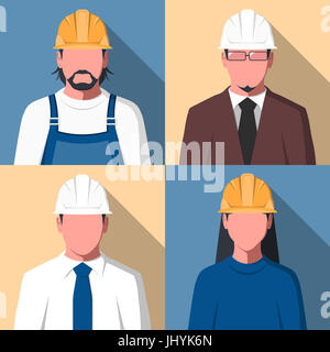 Silhouetten von Menschen in Schutzhelm für Benutzer-Profil-Bild. Avatare von Bauarbeitern. Engineering-Personal im flat Design. Stockfoto