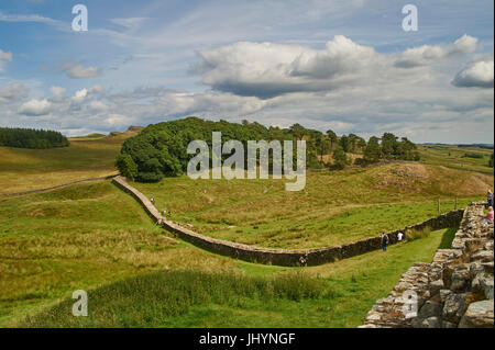 Ein Teil der Hadrianswall bei Housesteads Fort, Bardon Mill, UNESCO, Northumberland, England, Vereinigtes Königreich Stockfoto