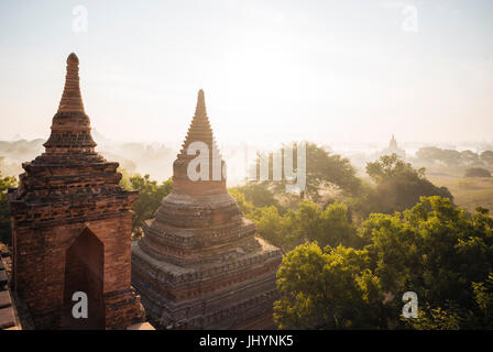 Ansicht der Tempel in der Morgendämmerung, Bagan (Pagan), Mandalay Region, Myanmar (Burma), Asien Stockfoto