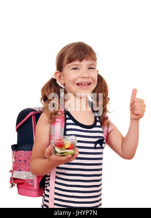 glückliches kleines Mädchen hält gesundes Mittagessen für die Schule Stockfoto