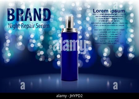 Plakat für die Förderung der feuchtigkeitsspendende Kosmetikprodukt. Glänzende blaue Nacht Repair Serum Flasche auf einem dunklen Hintergrund mit weichen Bokeh. 3D transluzente kosmetische Flasche Vektorgrafik. Stock Vektor