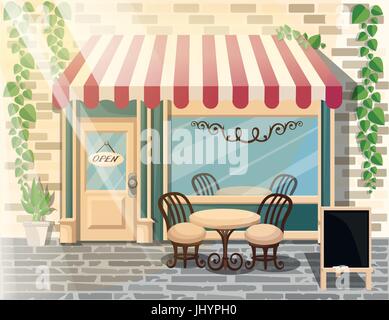 Street Cafe. Coffee-Shop. Stadt Café. Städtischen Frühling-Sommer-Landschaft. Flache Design-Konzept. Vektor-Illustration-Website und mobile app-Design. Stock Vektor