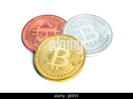 Bitcoin Cypto virtuelles Geld isoliert auf weiss Stockfoto