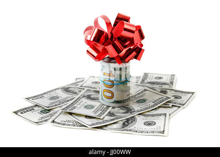 Dollar mit roter Schleife isoliert auf weiss Stockfoto