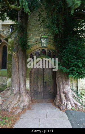 Eiben und Tür von St. Edward's Kirche, Stow-on-the-Wold, Cotswolds, Gloucestershire, England, Vereinigtes Königreich, Europa Stockfoto