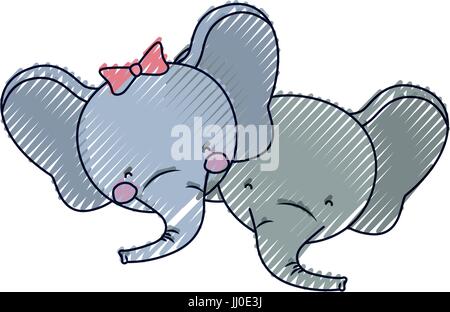 Farbe Kreide Silhouette Gesichter der Elefant Paar Tier Glück Ausdruck Stock Vektor