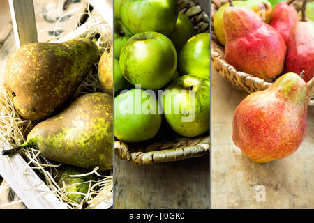 Foto Collage Herbst Früchte der Saison, rot- und Brauntöne Birnen, grüne Bio-Äpfel im Weidenkorb, Anbau, Ernte, Danksagung, gemütliches authentisches atmos Stockfoto