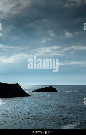 Abendlicht über The Chick, einer felsigen, unbewohnte Insel vor Kelsey Head an der Küste von North Cornwall. Stockfoto