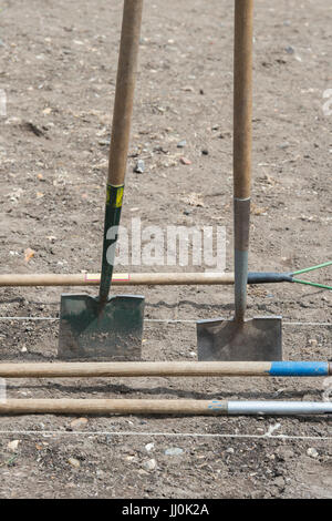 Zwei Spaten und andere langstielige Werkzeuge in einem Garten. UK Stockfoto
