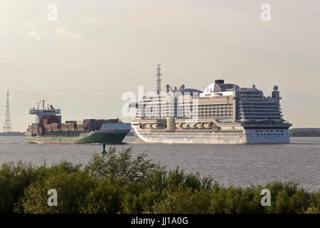 Kreuzfahrtschiff Aida Prima auf Elbe in der Nähe von Luehe, Altes Land, Niedersachsen, Deutschland Stockfoto