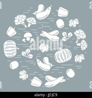 Satz von Herbst Saisongemüse im Kreis. Tomaten, Paprika, Zucchini und andere Herbst Gemüse für Ankündigung, Werbung, Flyer oder Banner. VECT Stock Vektor