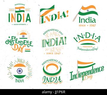 Tag der Unabhängigkeit Indiens von der britischen Empire set von Vektor-Retro-Stil-Logos. Universelle Sammlung von Logos für gesetzliche Feiertage in der indischen Republik Stock Vektor