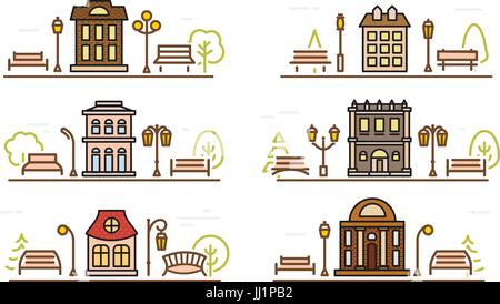 Comic Zeichnung Malvorlagen Fassade und angrenzenden Parks. Stilisierte Vektor Stadtbild Vorlage zu skizzieren. Park und Stadt Design Landschaft dünne lineare Elemente. R Stock Vektor