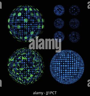 Abstrakte ungewöhnliche Netz mit Lichteffekten Designset Illustrationen. Disco Vektor leuchtende Kugel Stock Vektor