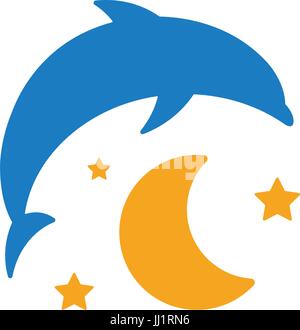 Blue Dolphin Hotel, gelber Mond und Sternenhimmel-Logo auf weißem Hintergrund. Kinder Nachtlicht, Schlaf-Vektor-illustration Stock Vektor