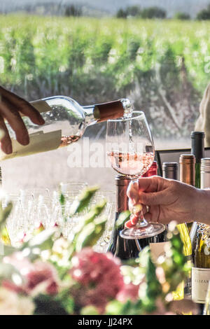 Nachmittag Weinprobe Event mit Wein gießen draußen in einem Napa Valley Weinberg Stockfoto