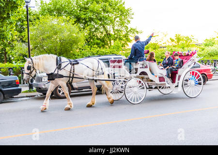 Montreal, Kanada - 27. Mai 2017: Altstadt mit Reiseleiter unterwegs im Pferd Wagen Buggy in der Nacht Straße Abend außerhalb in Quebec Region cit Stockfoto