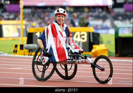 Großbritanniens Hannah Cockroft feiert die Frauen T34 800m Finale tagsüber gewann vier der 2017 Para Leichtathletik-Weltmeisterschaften in London Stadion. Stockfoto