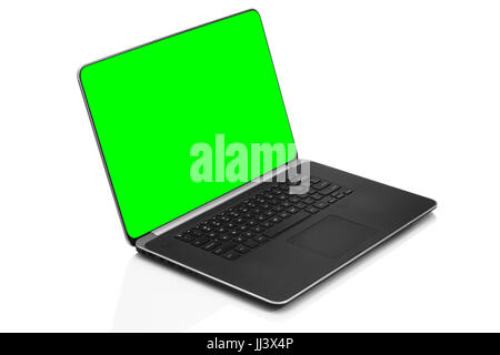 Schlankes, modernes Business Laptop auf weißem Hintergrund mit Reflektion Stockfoto