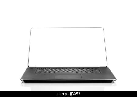 Schlankes, modernes Business Laptop auf weißem Hintergrund mit Reflektion Stockfoto
