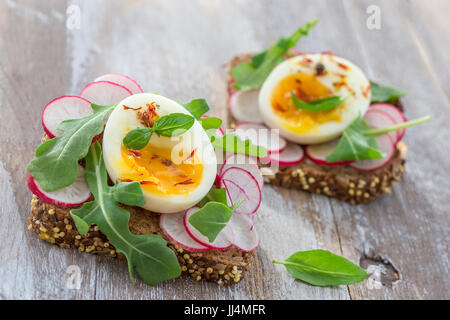 Ein herzhaftes Vollkorn-Sandwich mit Rucola, Radieschen und Eiern Stockfoto