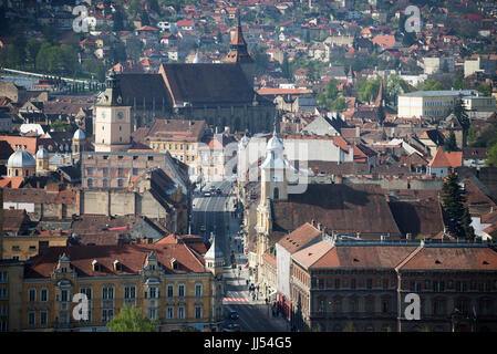 Panoramablick auf Brasov Center aus der Zitadelle, Siebenbürgen, Rumänien Stockfoto