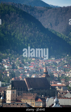 Panoramablick auf Brasov Center aus der Zitadelle, Siebenbürgen, Rumänien Stockfoto