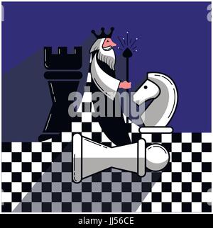 Symbol des globalen Schachspiels mit der Welt in Form von Schachkönig mit Figuren. Abbildung in einem flachen Stil Stock Vektor