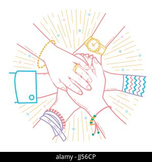 Der Begriff der Freundschaft und Unterstützung in der Form-Menschen, die Haufen von Händen. Symbol in der linearen Stil Stock Vektor
