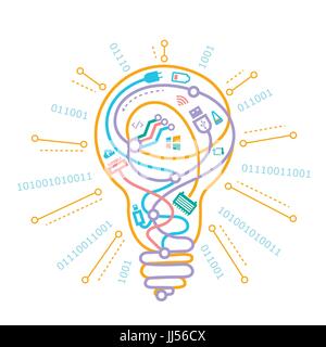 Konzept der Arbeit der Programmierer, Systemadministratoren, Ideen in Form einer Glühbirne mit verschiedenen Drähte. Symbol in der linearen Stil Stock Vektor