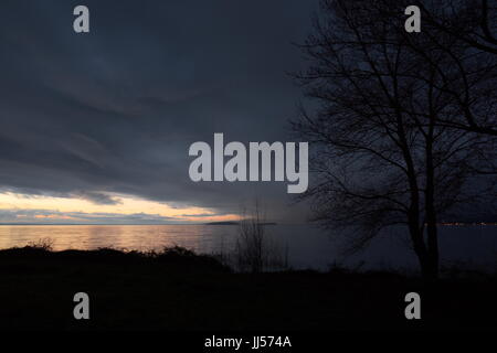 Baum-Silhouette im Vordergrund mit einem schönen, bewölkt und launisch Sonnenuntergang Himmel im Hintergrund, über einem See Stockfoto