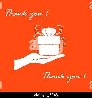 Niedliche Bild mit Hand, ein Geschenk und eine Inschrift: Ich danke Ihnen auf einem farbigen Hintergrund. Stock Vektor