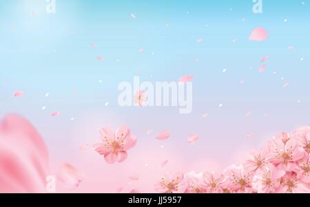 Romantische Kirschblüte Hintergrund fliegen Blumen auf rosa und blauen Hintergrund in 3d Illustration isoliert Stock Vektor