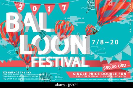 Ballon Festival anzeigen, Heißluftballonfahrt für Reisebüro und Website in 3d Illustration, schönen Heißluftballons isoliert auf blaue flache Bauweise zurück Stock Vektor